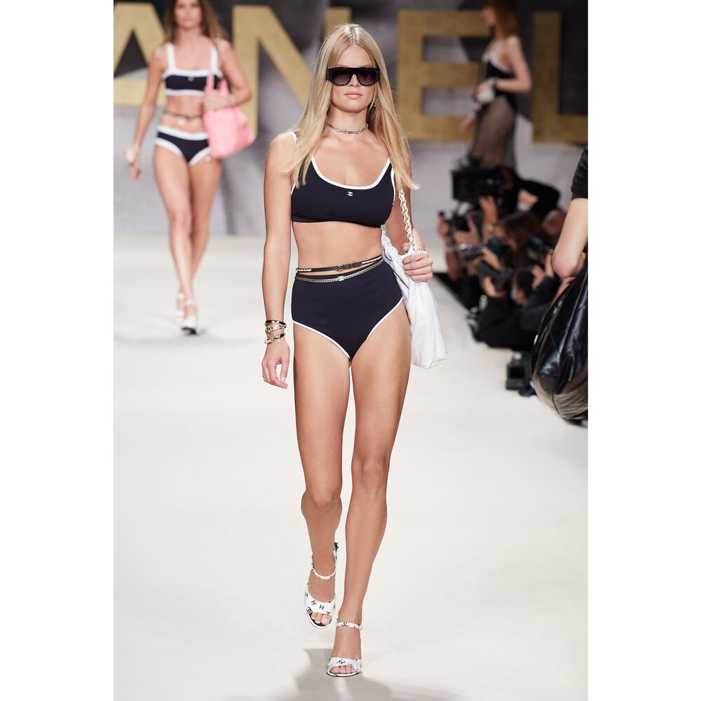 Chanel 22S Black White Crystal CC Logo Bikini Two Piece Swimsuit Bathing Suit 38